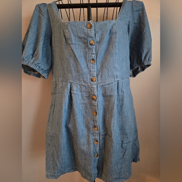 Old Navy Blue Denim Chambray Puff Sleeve Button Front Square Neck Mini Dress - Picture 4 of 7